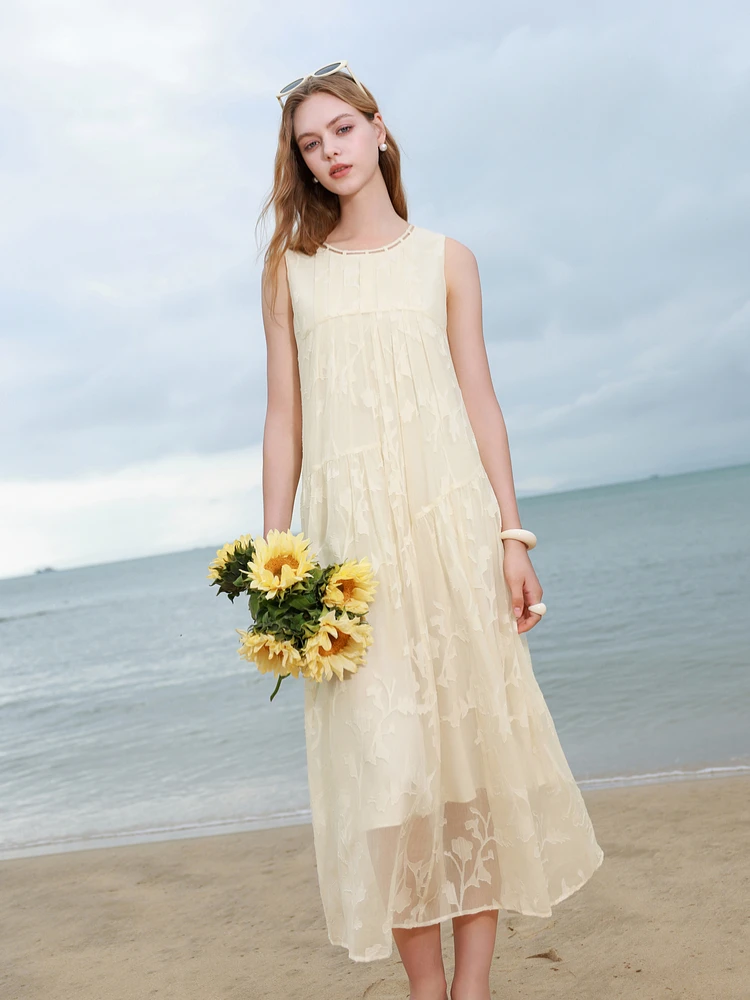 Tee-Color Summer 2025 Floral Cutout Svel round Ne Loose A-Line Dr Ele Commute Sle Polyester Fiber Long Dr