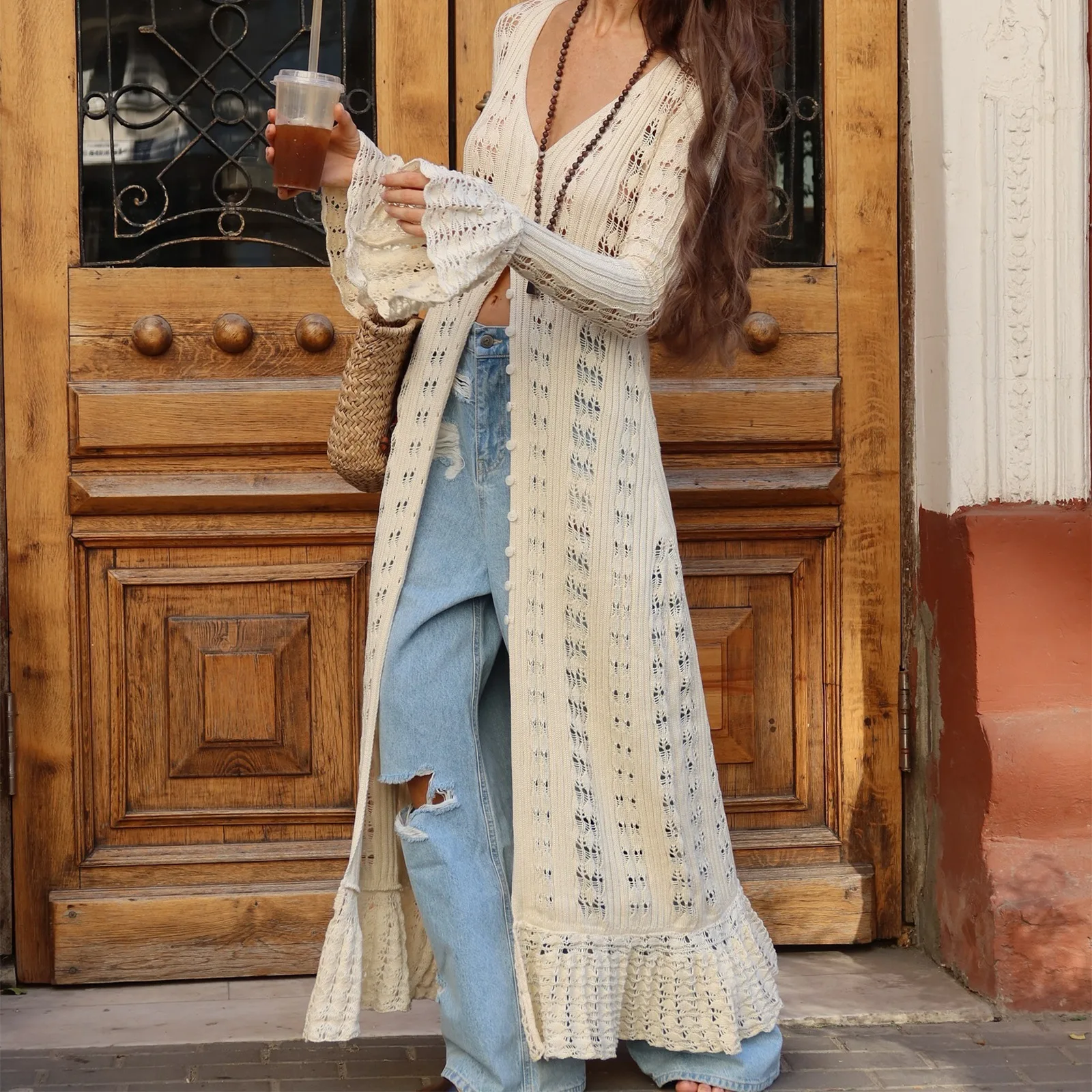 Modische, lockere, gerade Hose mit weitem Bein für Damen, zerrissene, trendige Jeans, geschnittene Hose, Jeans im neuen Stil