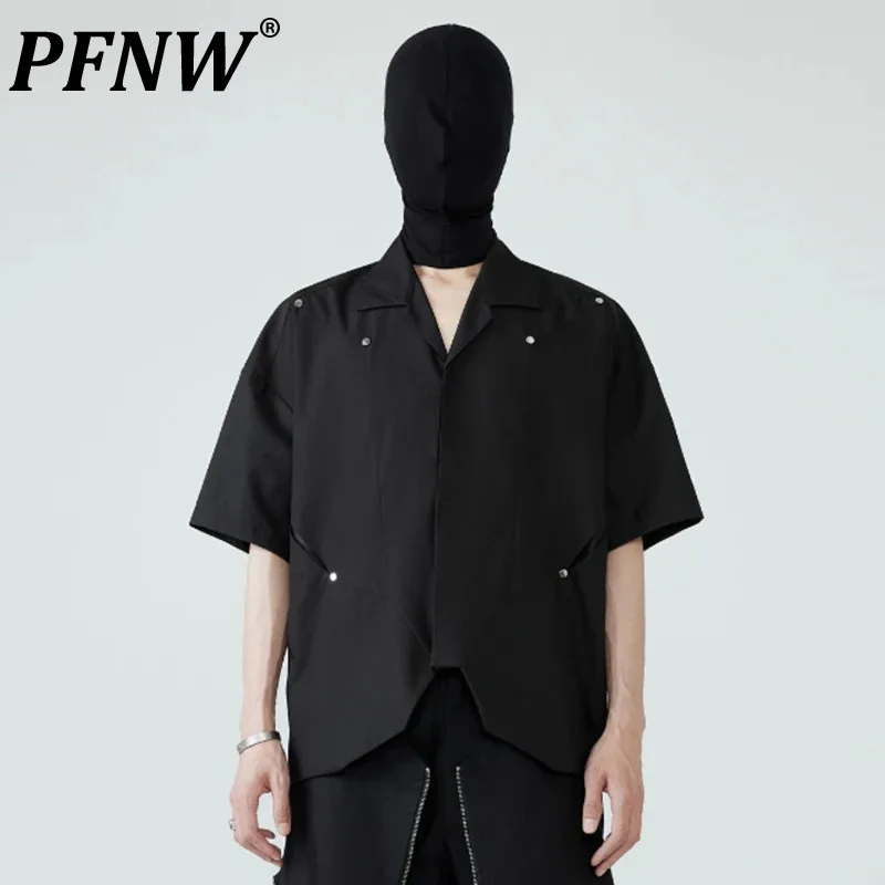 

PFNW Dark Style Men's Shirts Loose Metal Button Single Breasted Short Sleeve V-neck Solid Color Male Clothing New Summer 12C562