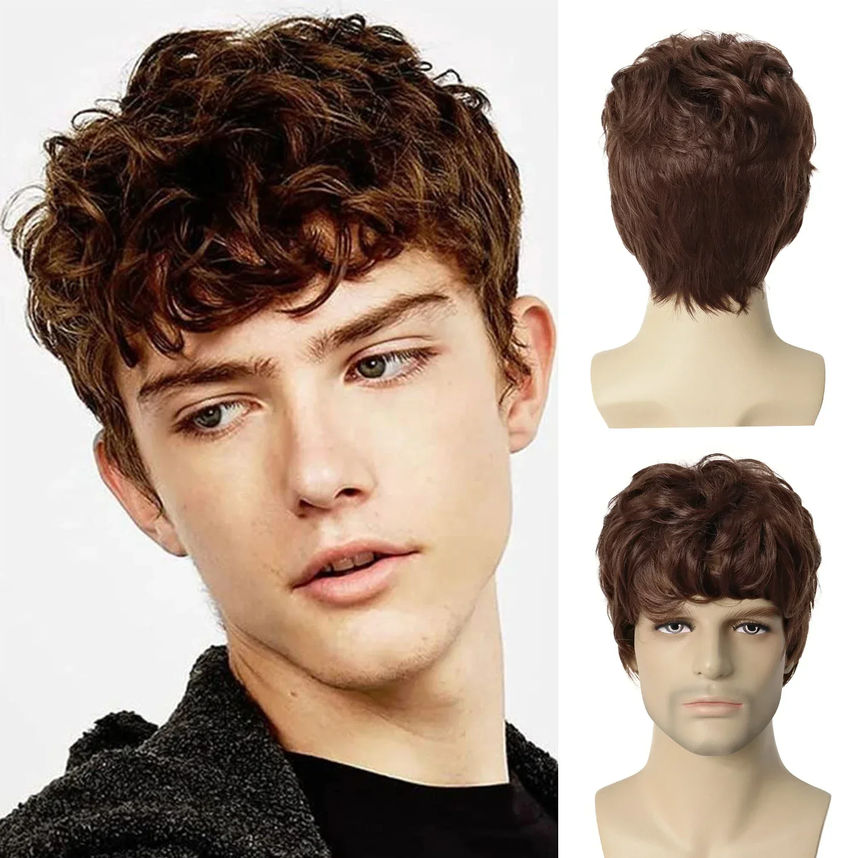 GNIMEGIL Synthetic Wigs for Men Short Brown Wig Curly Hair for Man Guy Natural Wig Curly Korean Hairstyles Brunette Boy Wigs