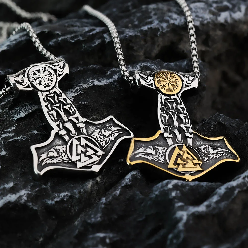 

316L Stainless Steel Thor's Hammer Pendant Necklace Men Fashion Punk Nordic Viking Valknut Necklace Amulet Jewelry Wholesale