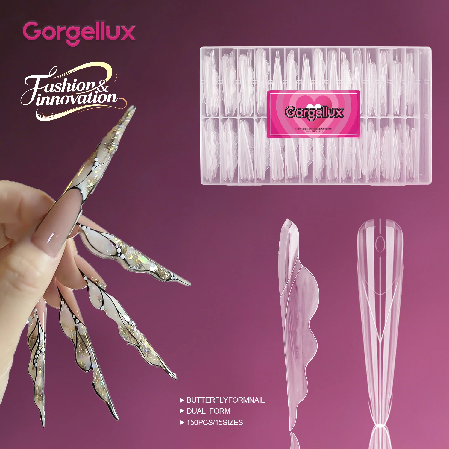 150pcs Gorgellux Butterfly Nail Dual Forms 15 Sizes Professional Quick Building Gel Acrylic Extension Guide Tips Salon Art DIY