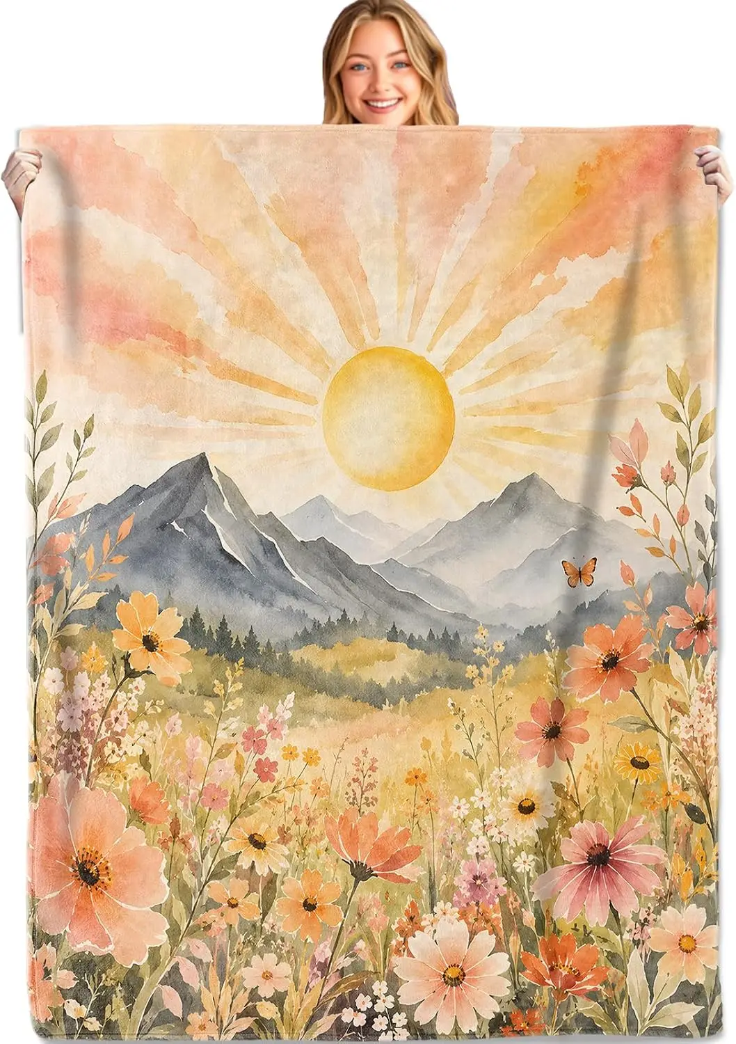 Sunrise Blanket Watercolor Mountain Daisy Flannel Throw for Couch Sofa Home Decor Gifts for Nature Lovers Women