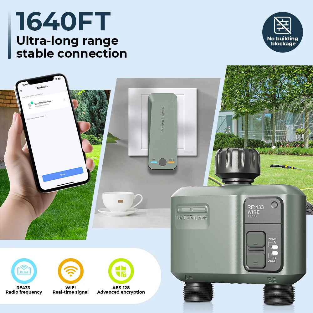 Eshico Wireless Water Timer HCT-636 RF433 Connection 2-Zone Irrigation Sprinkler Tuya/Equipment Set Digital Garden Watering Tool