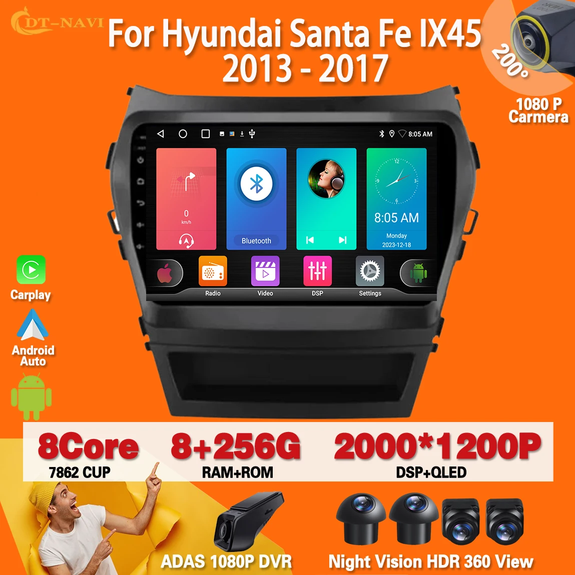 

Android 13 For Hyundai Santa Fe IX45 2013 - 2017 carplay Auto Radio Stereo Multimedia Player GPS Navigation No 2din 4G WIFI BT