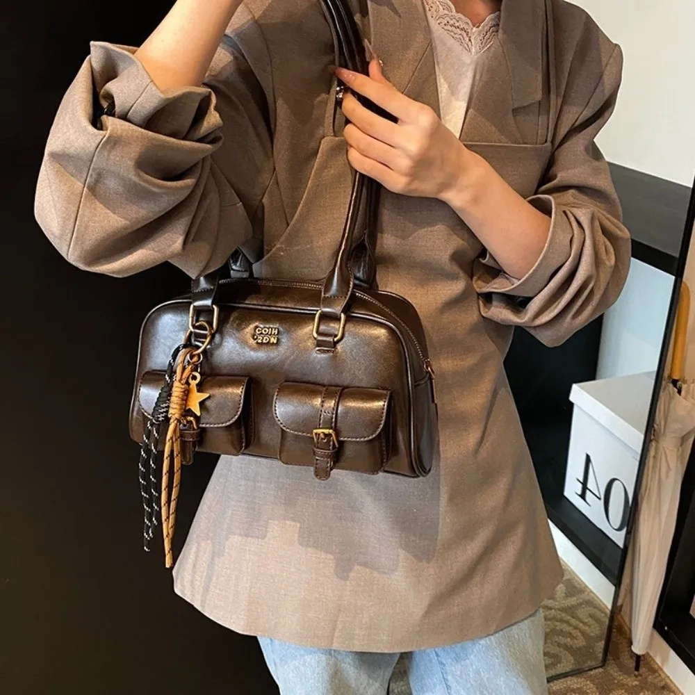 

Casual JK Leather Shoulder Bag Solid Color PU Leather Bowling Bag Zipper Closure Handheld Hobo Bag Men