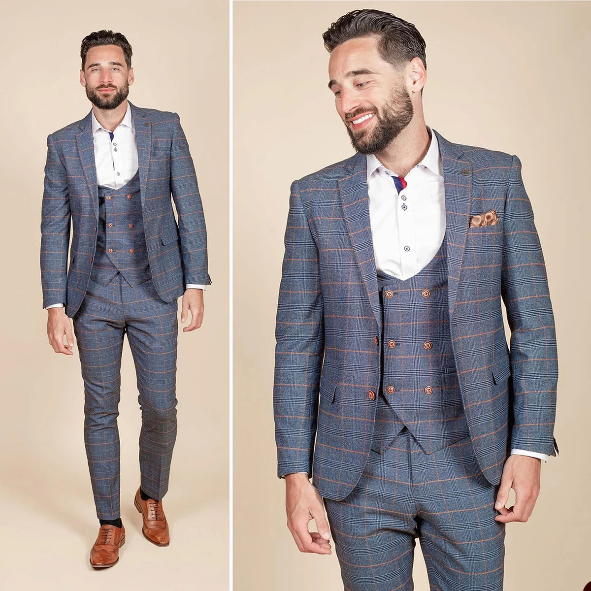 Classic Formal Wedding Men Suits Tuxedos Checkered Stripe Notched Lapel Buttons Pockets Customized 3 Pieces Jacket Pants Vest