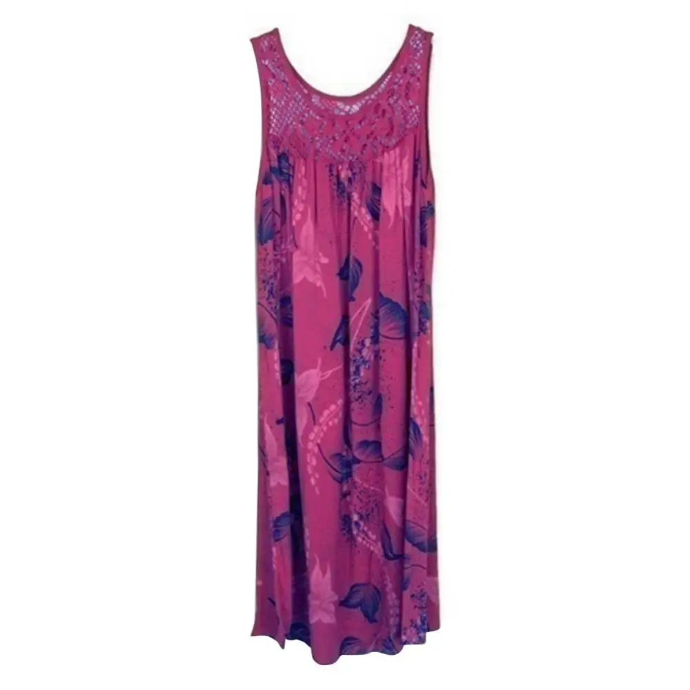 Vestido sem mangas estampado floral feminino, costura em renda, gola O, vestido regado solto, verão