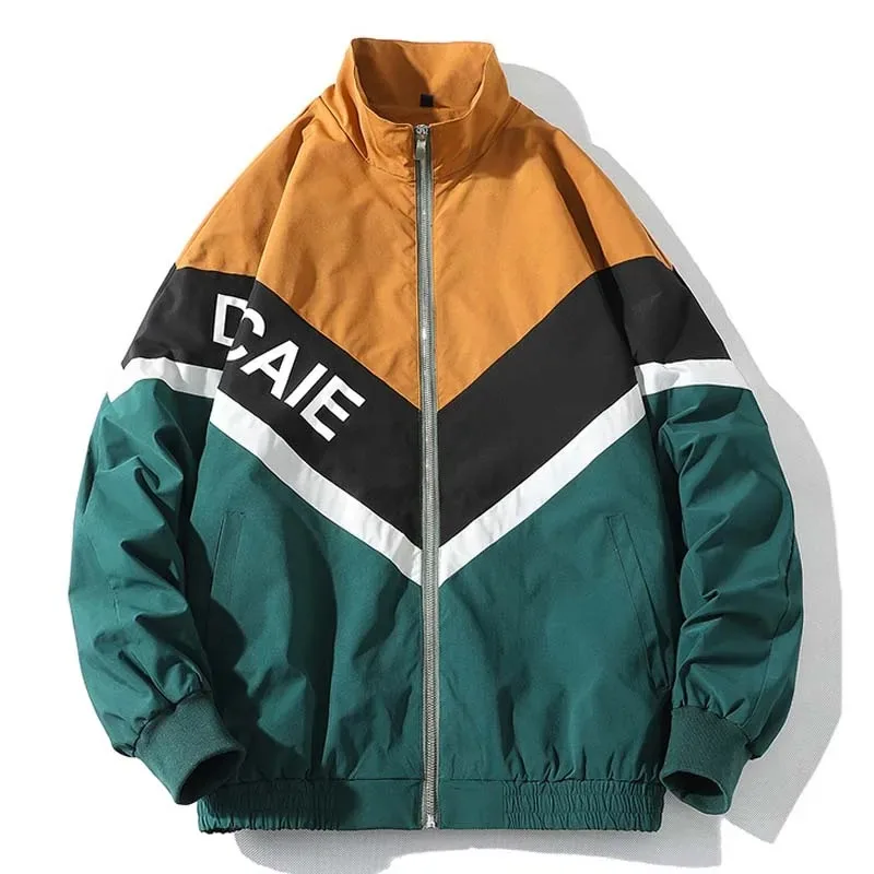 Retro Hip Hop Men Jacket Windbreaker Casual Streetwear Color Block Patchwork Letter Print Coat Autumn Harajuku Zip Track Jacket