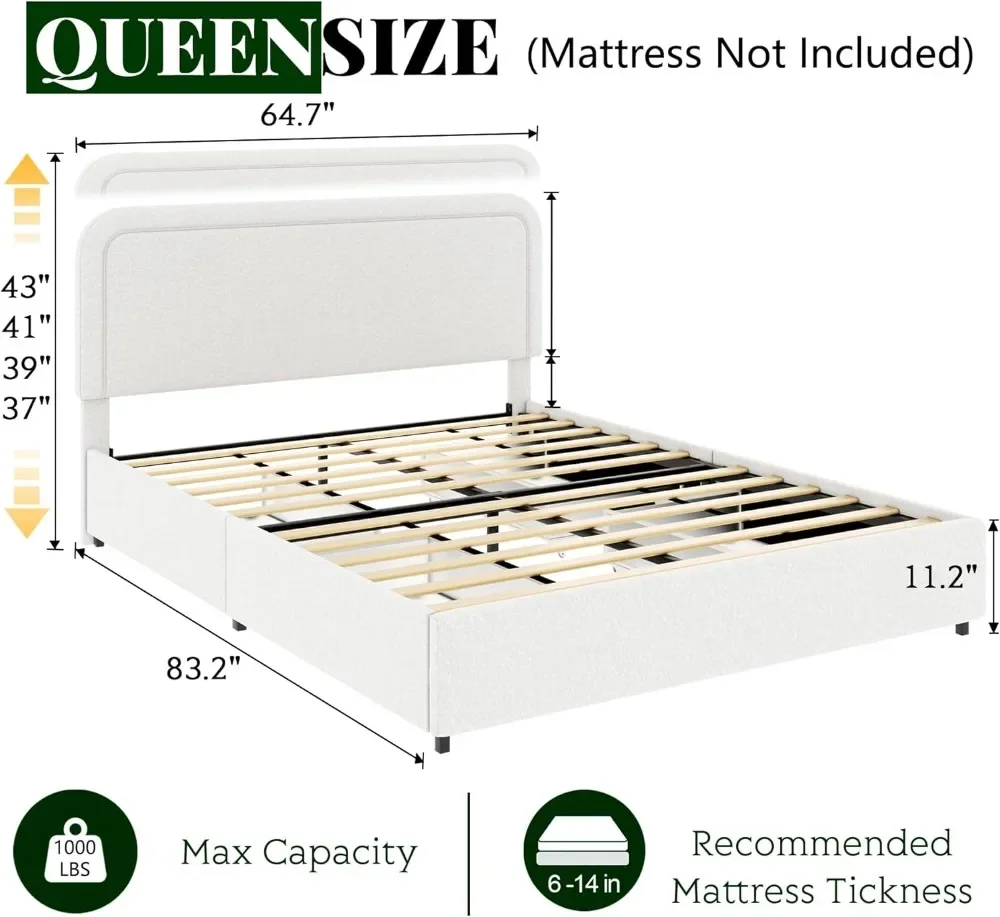 Queen Size Upholstered Bed Frame, Platform Bed with Patented 4 Drawers Storage and Headboard, Button Tufted, Mattress