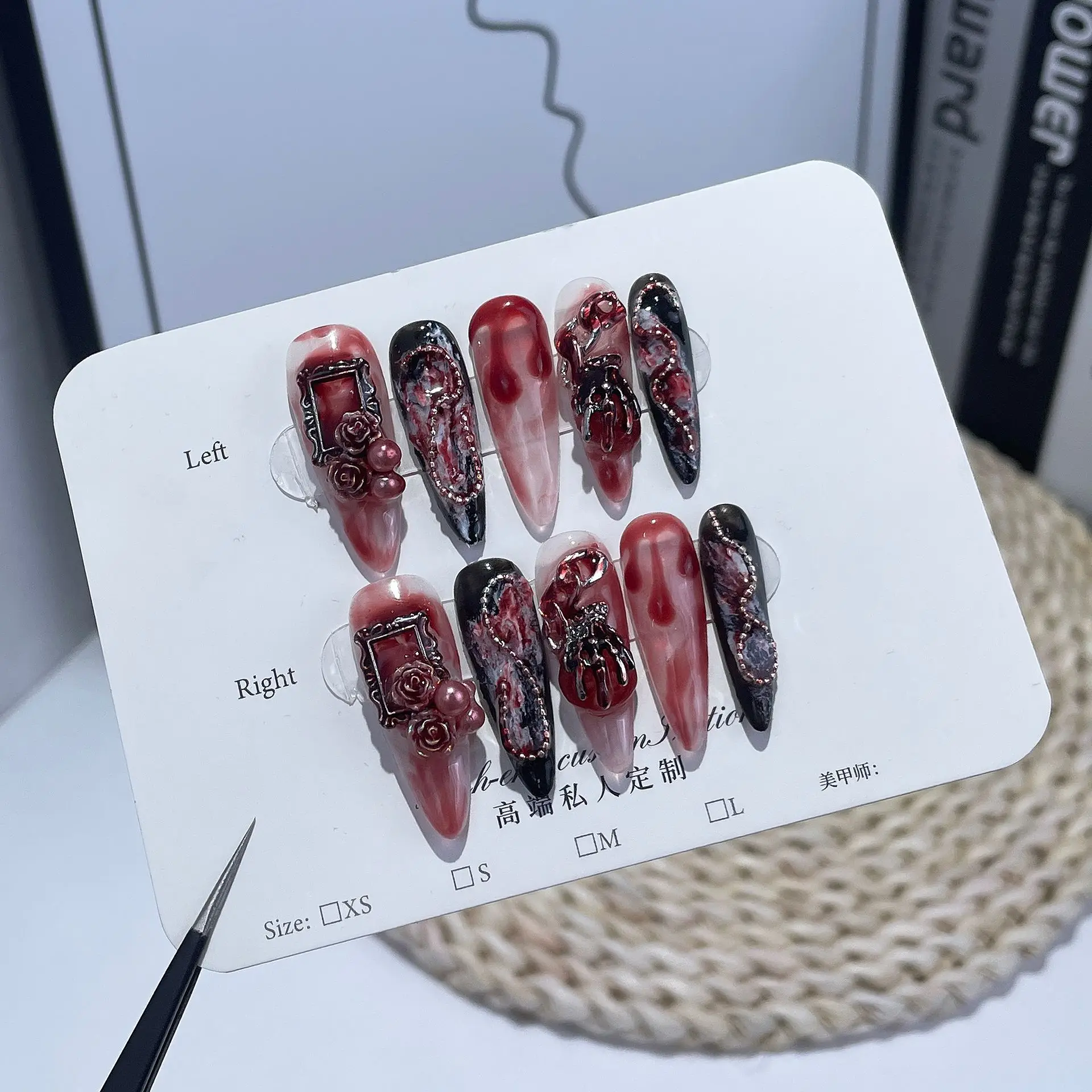 

Mysterious Gothic Press On Nails Dark Red Black With Intricate 3D Decor For Events Dark Red With Rose Skull 3D Decor Easy To