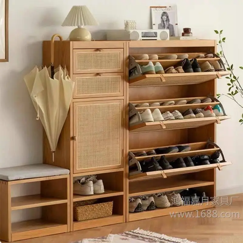 Japanese-style solid wood rattan shoe cabinet household door porch small apartment tipping bucket large capacity Nordic home ult