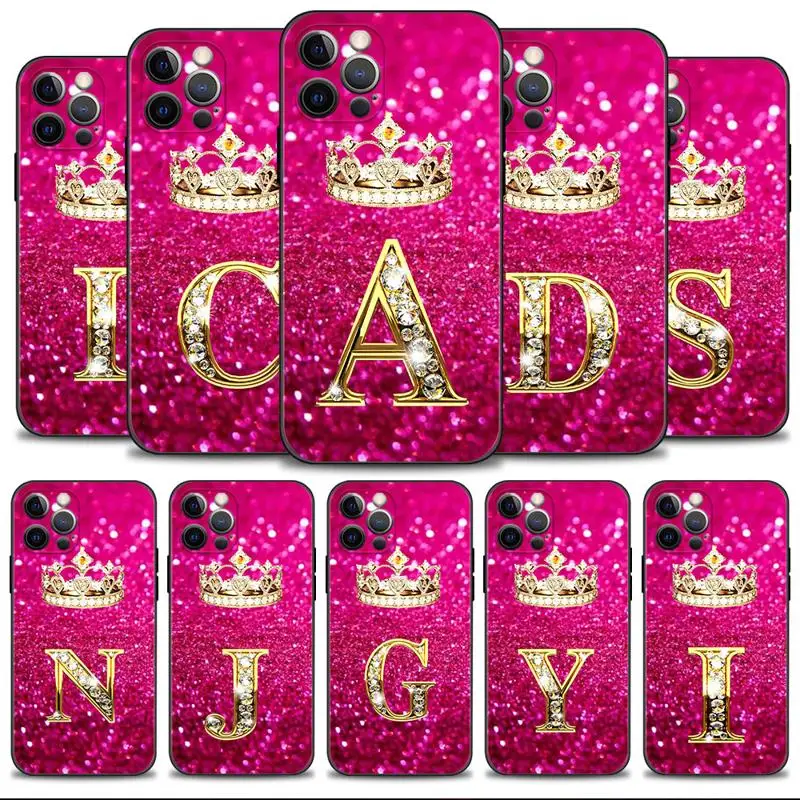 Red Pink Gold Diamond King Crown Letter Case For Apple iPhone 15 14 13 12 11 Pro Max 13 12 Mini XS Max XR X 7 8 Plus Cover