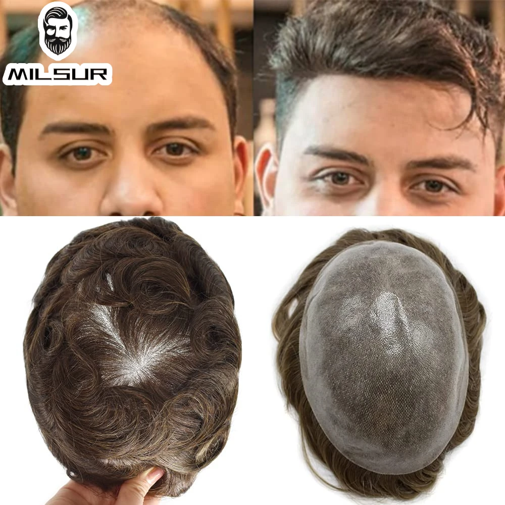 

Double Knots Skin Toupee Men's Capillary Prothesis Full Skin Wigs Men Durable 0.06-0.08mm PU Base Male 100% Human Hair Systems