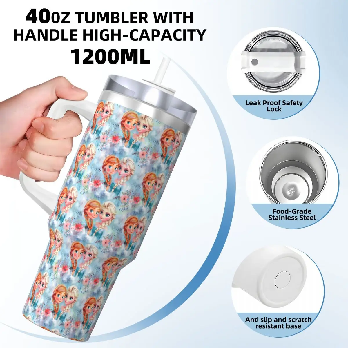 Frozen Elsa Princess Anna Tumbler Cold Drink Water Bottle Keep Heat Stainless Steel Coffee Mug Printed Beach Car Mugs