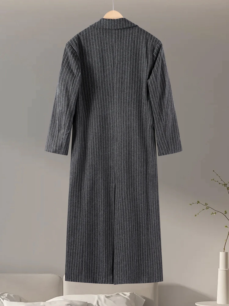 

Retro Striped Lapel Woolen Long Coat Women Casual Loose Dark Grey Oversize Coats Female Winter Elegant Chic Streetwear 2025