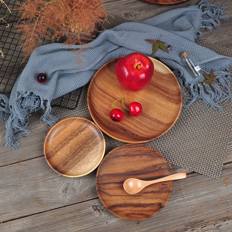 2026 10-24cm Japanese Acacia Wood Round Tray Fruit Plate Solid Wood Plate Restaurant Home Accessories Decorative Cake Plate Hot
