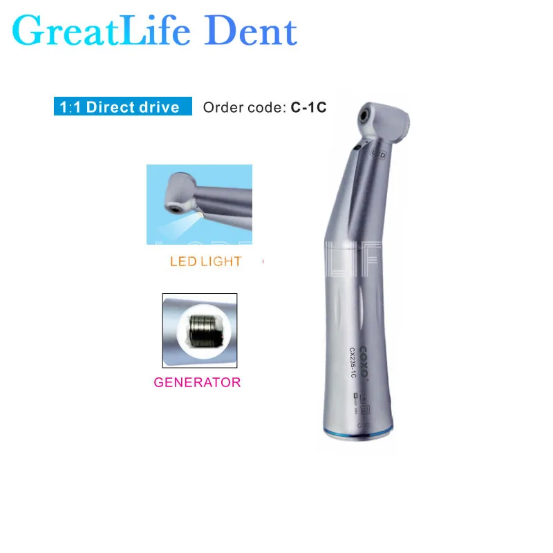 

GreatLife Dent CX235-1C C-1C 1:1 Inner Channel LED Contra Angle Low Speed Coxo Low Speed Handpiece Contra Angle Handpiece