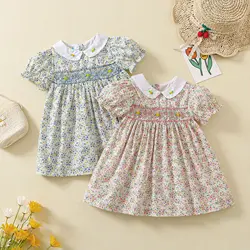 2024 Summer Little Girl Short Sleeve Smocked Floral Dress Frock For 1 2 3 4 5 Years Girl Handmade Embroidery Spanish Vestido