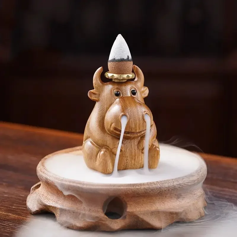 

Green Sandalwood Carved Lovely Incense Burner Home Indoor Cattle Breath of The Year of The Dragon Inverted Incense Burner