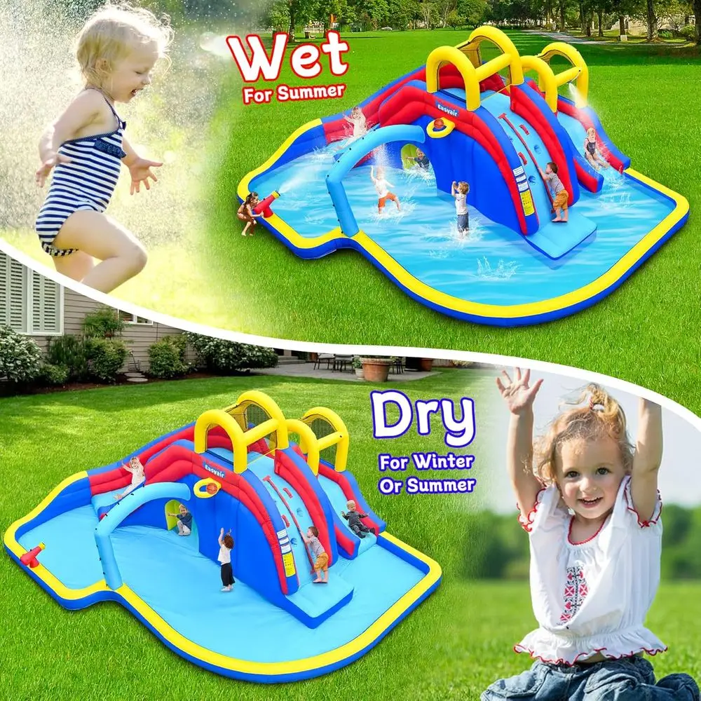 Iatable Water Slide Bounce House with 650W Blower, 2 Climbing Walls, 2 Slides, 2 Splash Pool, Basketball Hoop, Water Gun, 216 x