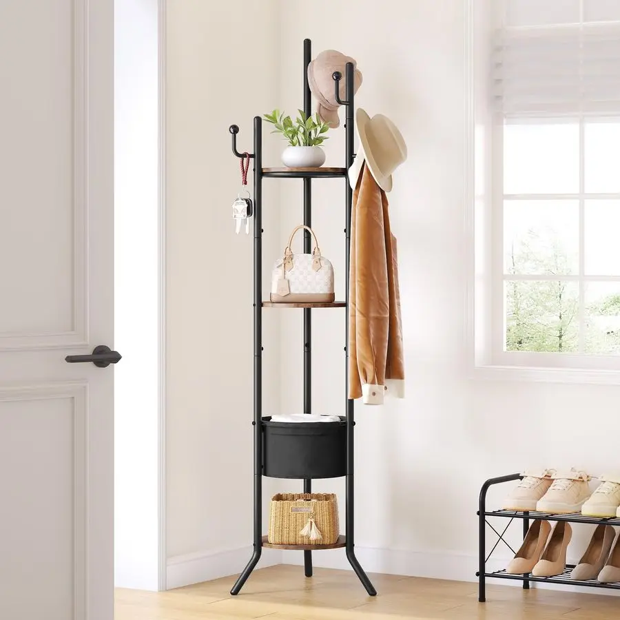 

Coat Rack Freestanding, Round Coat Rack with 3 Wooden Shelves and 1 Fabric Basket, Metal Clothes Tree with 5 Hooks, Coat Hanger