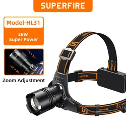 SUPERFIRE HL31 36W xhp90 Powerful Headlamp Zoom USB-C Rechargeable 21700 8000mAh Headlight for Fishing Camping Head flashlight