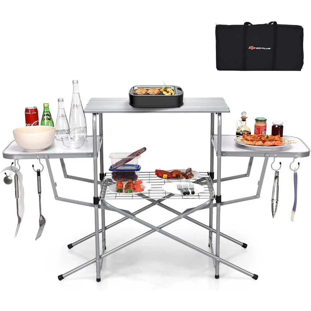 

Folding Grill Table, Aluminum Camping Table with 26'' Main Tabletop, Hooks and Carry Bag, Portable Picnic Table Grill Sta