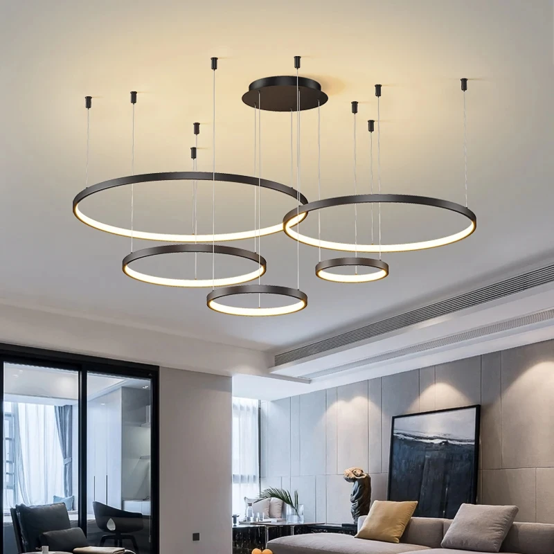 4 Rings Simple Style Modern Pendant Light Minimalist Chandelier Living Room Restaurant Dimmable Remote Lamp Home Decoration