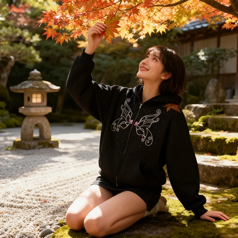 Grafica con strass a farfalla gotica Harajuku Hip Hop ﻿   Streetwear Giacche moda donna Cappotto Punk Y2k Felpa con cappuccio vintage con zip nera