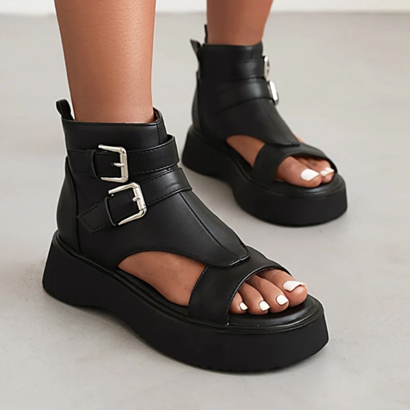 

Повседневные женские сандалии, летняя обувь на платформе, 2021, черные, коричневые ботильоны на плоской подошве с вырезами и пряжкой, удобная обувь