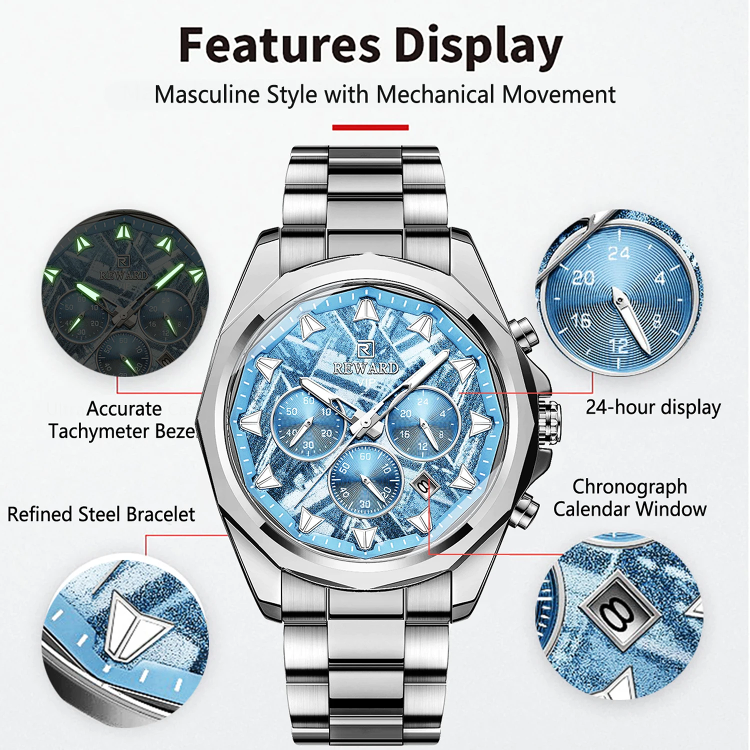 REWARD Ice Blue Quartz Watches for Men Waterproof Luminous Chronograph Watch Stainless Steel reloj hombre