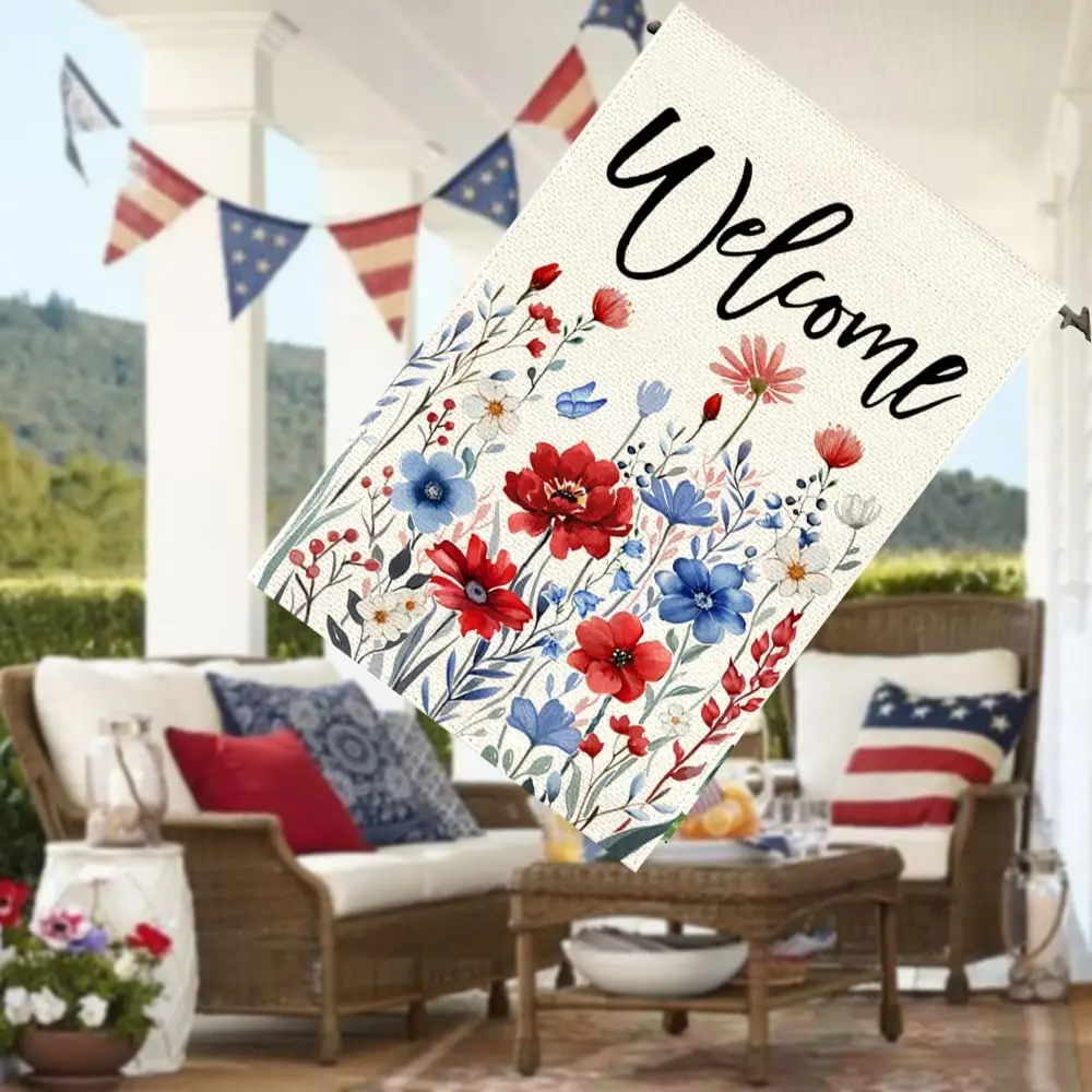 RABUSOFA 4th of July Memorial Day Patriotic House Flag 28x40 Inch Double Sided,Red White and Blue Floral Yard Outdoor Decora uui