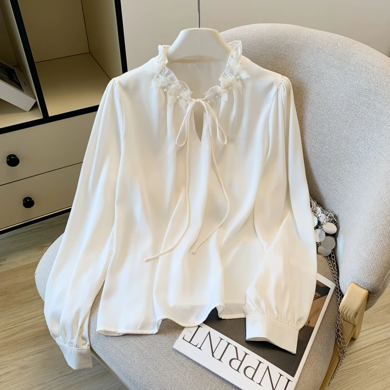 

RAIN YAN LIN French Gentle Elegant Chiffon Shirt Women Spring Ruffle Collar Long Sleeve Loose Commuting Pullover Casual Tops