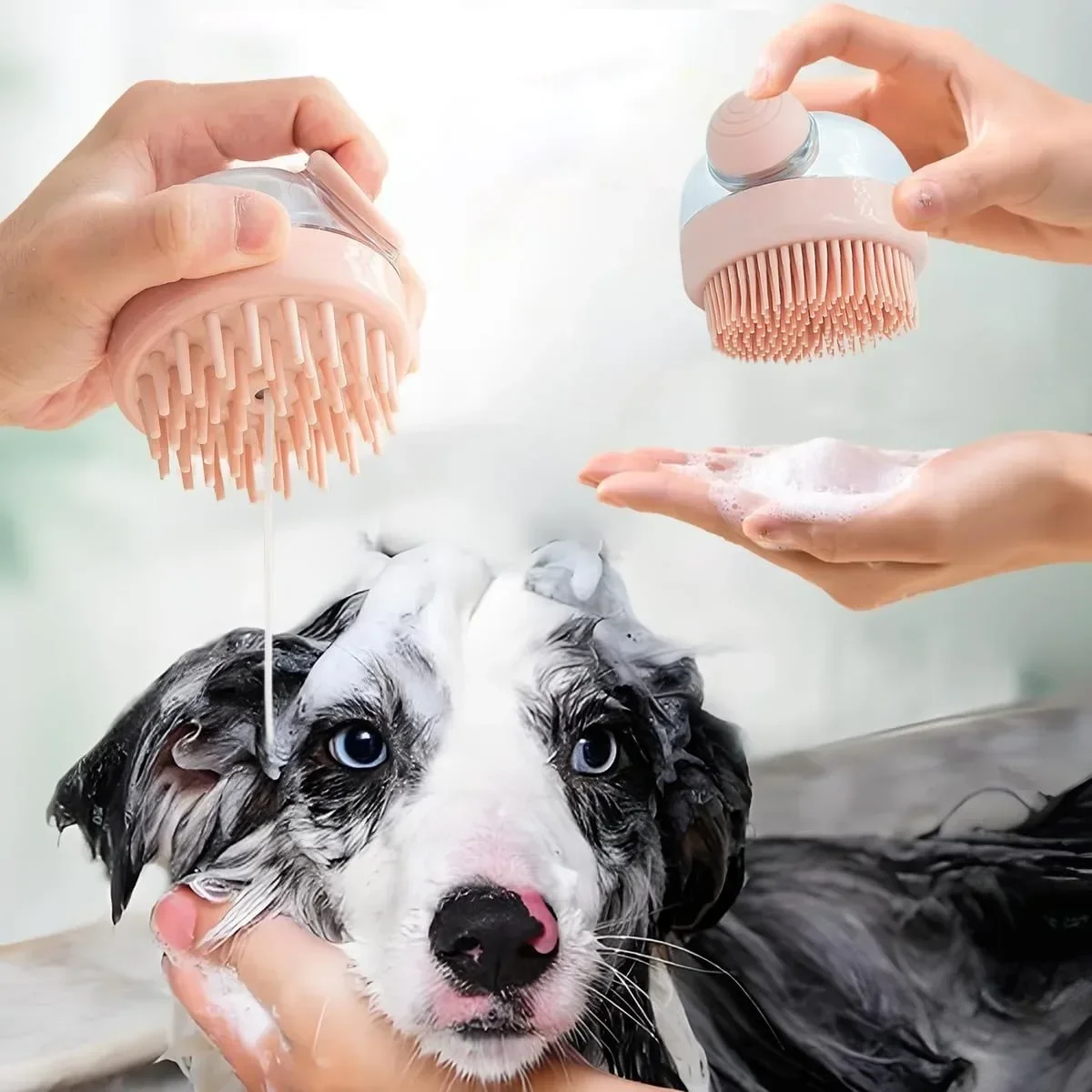 Dog Bath Scrubber Brush Shampoo Bath Brush with Soap Shampoo Dispenser Silicone Bristle for Long Short Haired Dogs Cats Shower