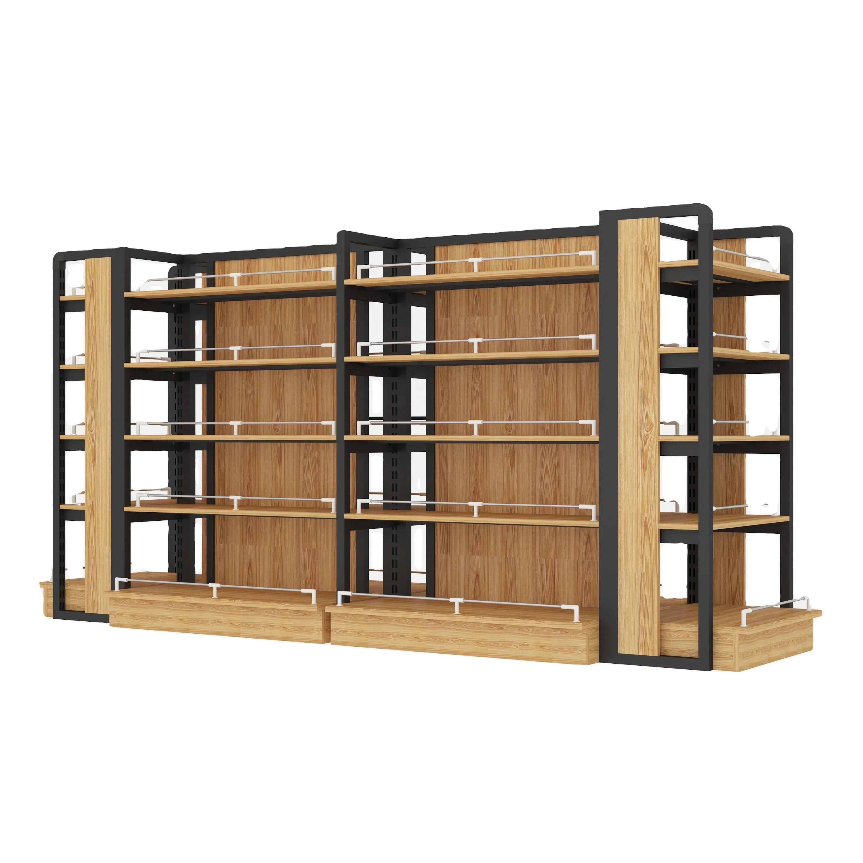 Wood grain all wood display rack pharmacy bookstore high-end shelves supermarket adjustable steel and wood double-sided shelf