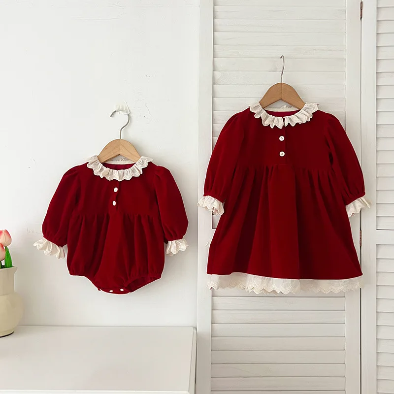 2024Autumn New Girls' Lace Collar Long-Sleeved Red Baby Rompers Romper Sisters Outfit Dress