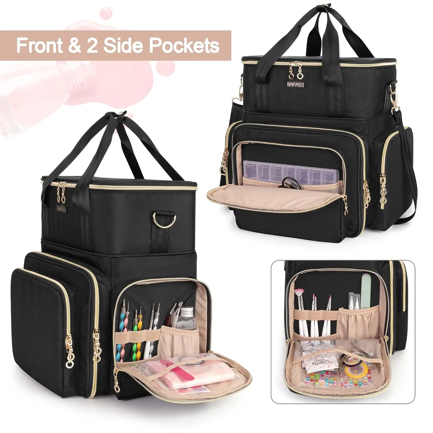 70本のボトルスロットとネイルドライヤーを備えた二層ネイルポリッシュオーガナイザー、取り外し可能なポーチとツール収納付き、ブラック