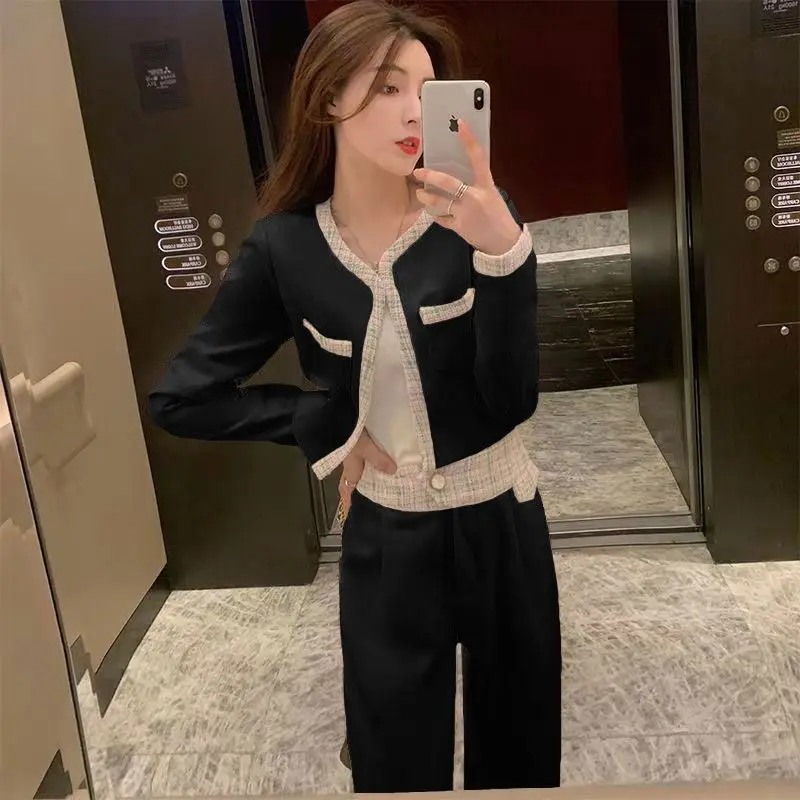 Spring Woman's Fragrance Bright Silk Stitching Texture Blazer Wide-leg Pants Set Retro Contrast Round Neck Suit Two-piece Sets