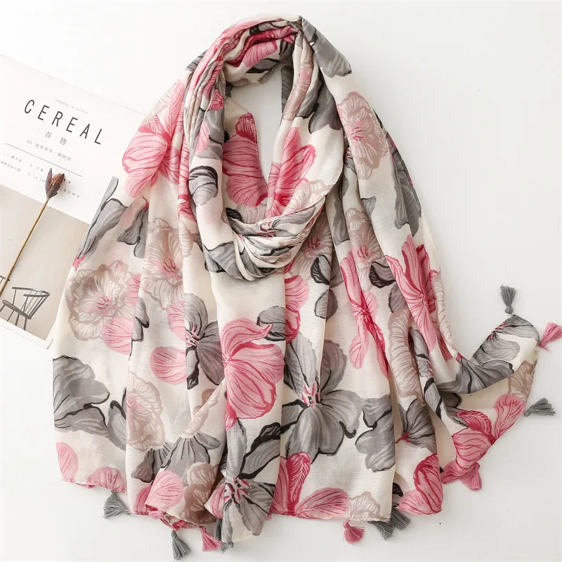 2024 Spain Fashion Petal Floral Tassel Viscose Shawls Scarf Lady High Quality Wrap Pashmina Stole Bufandas Muslim Hijab 180*90Cm