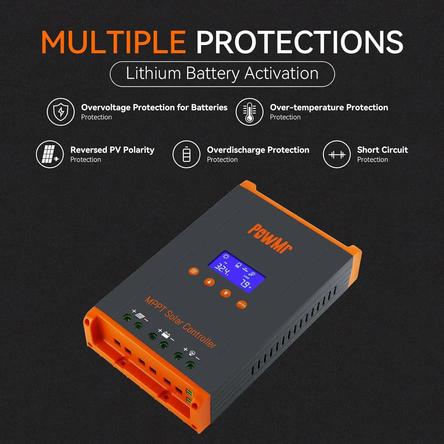 Contrôleur de charge solaire MPPT PowMr 60A 12V/24V/36V/48V, panneau solaire PV max 160V, parallèle max 12 unités, compatible avec batterie lithium, camping-car, maison
