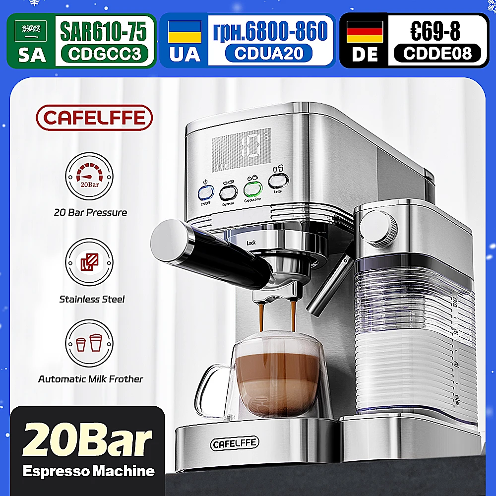 Cafelffe-Machine à expresso entièrement automatique, Mousse de lait, Café moulu, Acier inoxydable, Machine à cappuccino, Cafétéria, 20bar