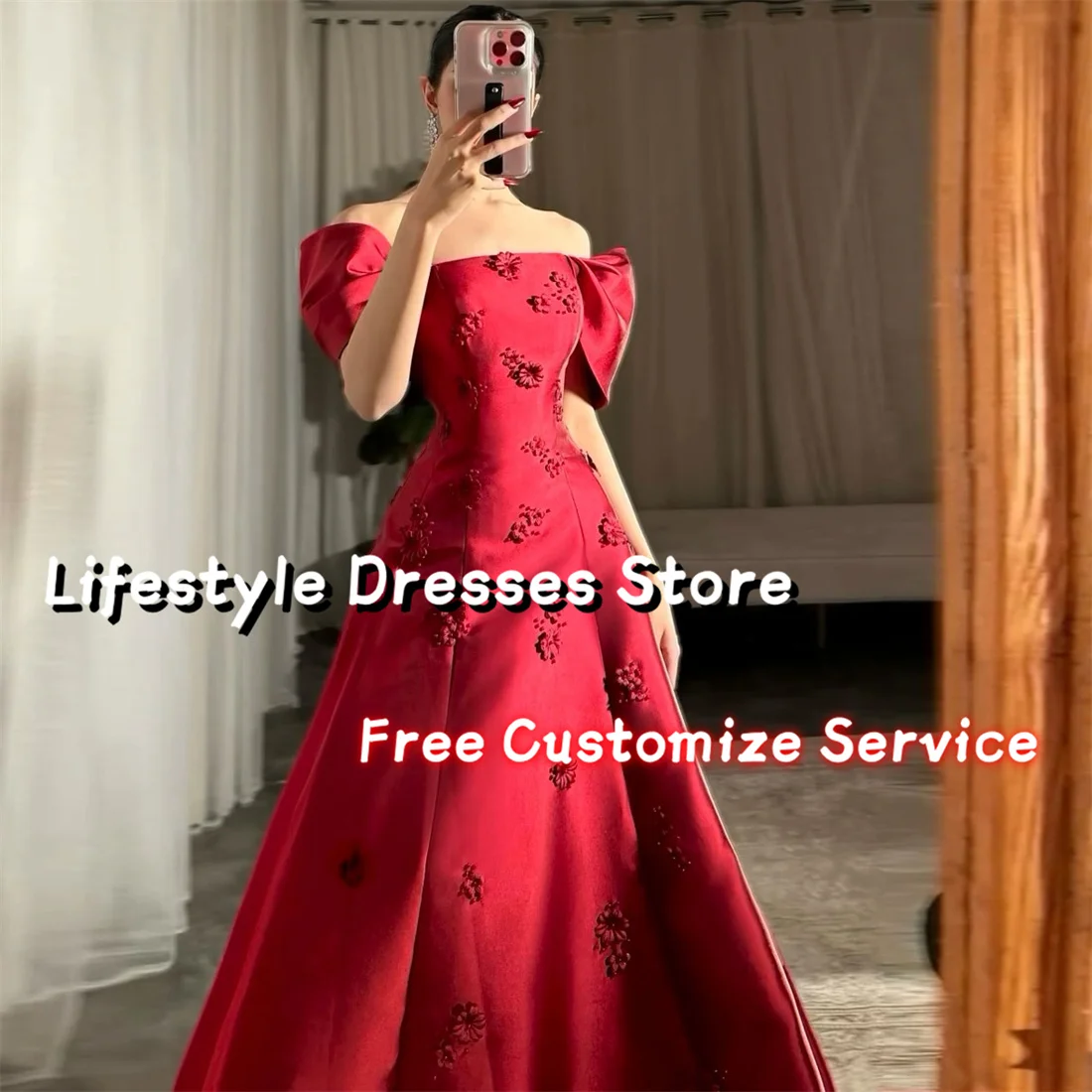 Customized Off Shoulder Satin 3D Flowers Beaded Luxury Evening Dresses Wedding Party Gown Lace-up Gorgeous Prom Dress