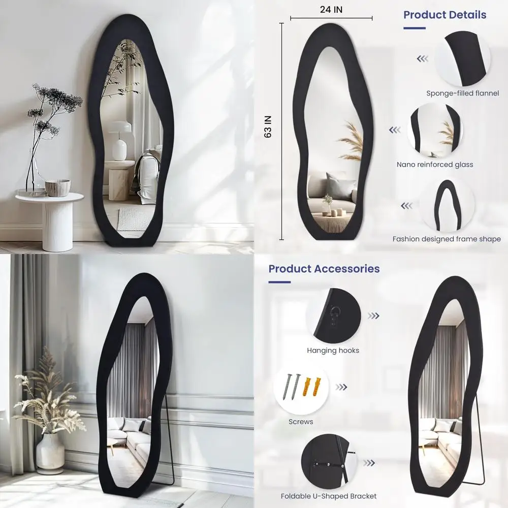 Wall Mounted Full Body Mirror 63x24 Inches, Leaning Floor Mirror with Black Flannel Frame, Irregular Shaped for Home Decor