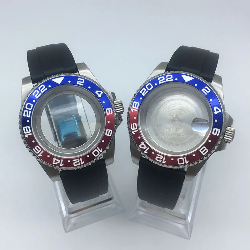 

40mm silver GMTⅡ master watch Cases rubber strap ceramic inlay insert for Seiko nh35 nh36 nh38 Miyota 8215 movement 28.5mm Dial