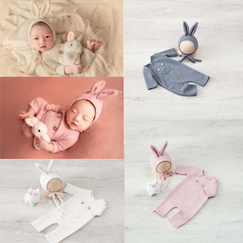 Newborn Photography Clothing Rabbit Hat+Jumpsuits 2Pcs/Set Studio Baby Photo Props Accessories Infant Shoot Clothes Fotografia