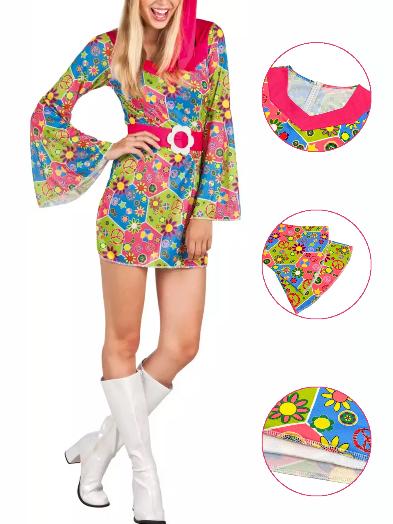 

Plus Size Hippie Dress 60s Boho Costume Bell Sleeve Floral Peace Print Mini Dress Free Shipping Hot Sale