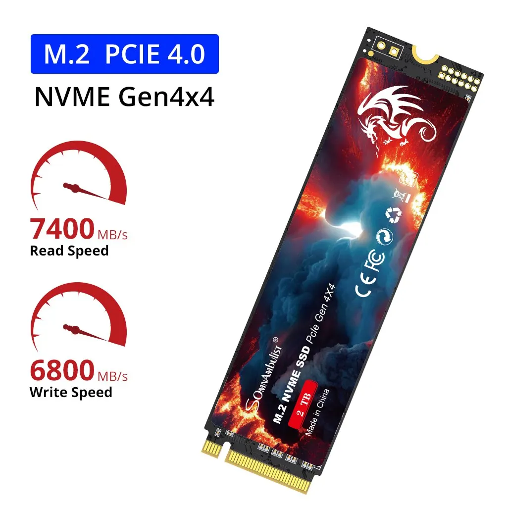 SomnAmbulist SSD PCIe4.0x4 NVMe 7400 MB/s M.2 2280 1TB 2TB PCIe 4.0 노트북 데스크톱 게임 콘솔 용 내부 솔리드 스테이트 드라이브