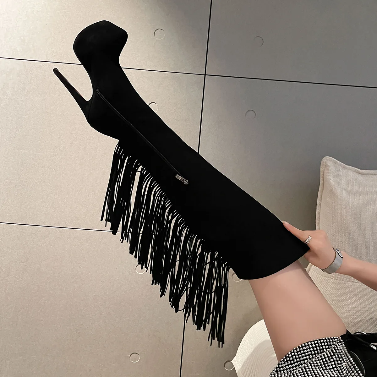 Black Suede Tassel Platform Stiletto Thigh Boots Woman Winter 2023 Round Toe Side Zip Over-The-Knee Boots Fashion Luxury Shoes