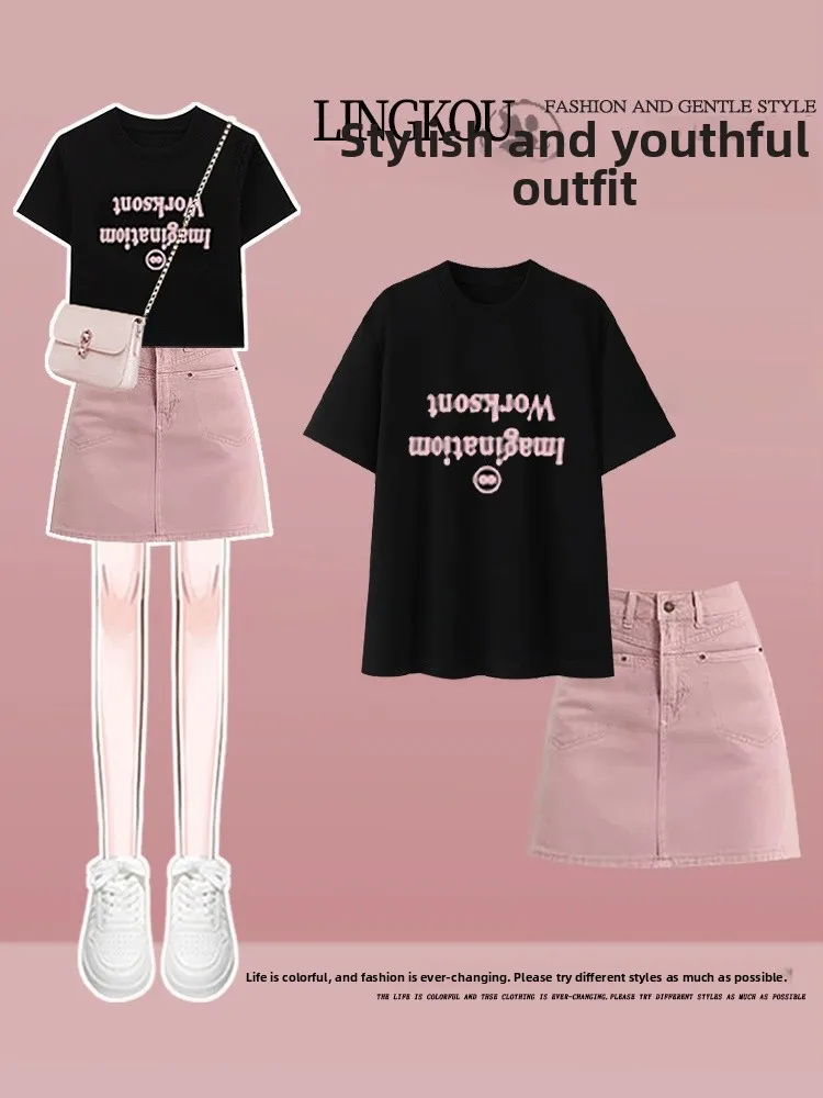 

Модный летний комплект больших размеров: женская футболка с высококачественным принтом и коротким рукавом, джинсовая юбка с эффектом потертости на плечах